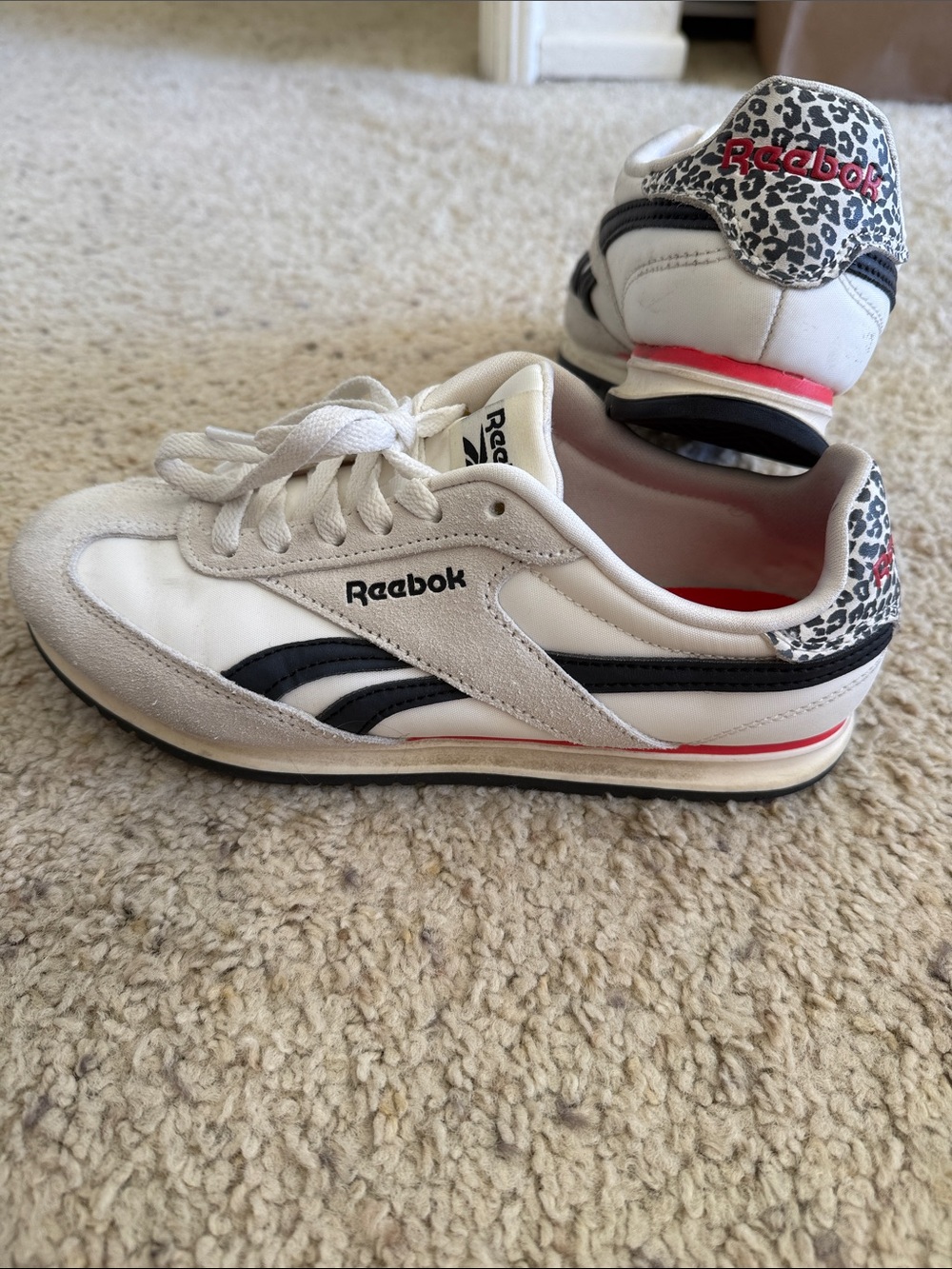 Reebok Ortholite Retro Runner with animal print, size 7.5, white w/ black & red